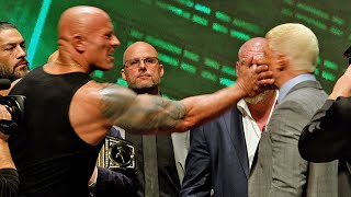 The Rock SLAPS THE ISH out of Cody Rhodes NEAR BRAWL almost breaks out at Wrestlemania presser [upl. by Canale]