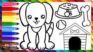 Disegnare e Colorare 3 Cani Carini con Accessori 🐶🐾🦴🐕🥫🏡🌈 Disegni per Bambini [upl. by Eentruoc]