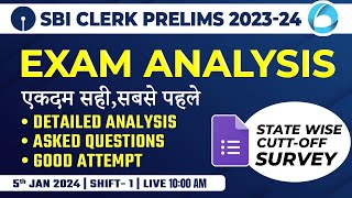 SBI Clerk Analysis 202324 5th Jan 2024 Shift 1  SBI Clerk Exam Analysis 2023 amp Expected Cut Off [upl. by Ennahs234]