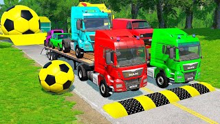 Double Flatbed Trailer Truck vs Speedbumps Train vs Cars Tractor vs Train BeamngDrive 017 [upl. by Kcinomod852]