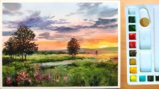 Painting with Watercolors A Beautiful Sunset Landscape with Trees [upl. by Mahon]