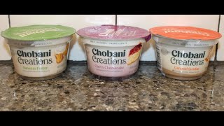 Chobani Creations Greek Yogurt Bananas Foster Cherry Cheesecake amp Caramel Sundae Review [upl. by Aokek]