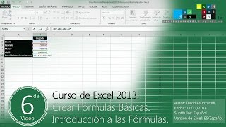 Curso Excel 2013 Crear Fórmulas Básicas en Excel 2013 Introducción a las Fórmulas [upl. by Radmilla680]