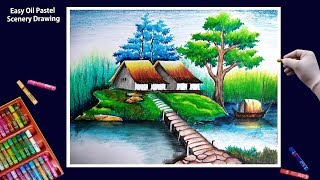 Beautiful Scenery DrawingArt with Oil PastelsStep by Step [upl. by Lemert]