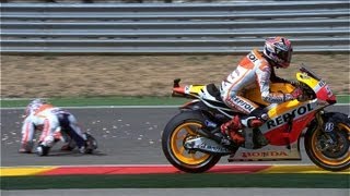 High Speed Footage Pedrosa crashes out of Aragon GP [upl. by Dric977]