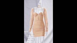 Spring new stylish solid color stretch mesh spliced long sleeve shirred halterneck AA006379 [upl. by Nimad]