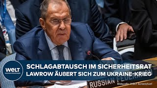 UNSICHERHEITSRAT Showdown in New York Sergej Lawrow äußert sich zum Krieg in der Ukraine [upl. by Revolc]