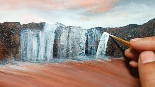 Easy Waterfall Painting with Acrylic Colors  Evening Scene  StepbyStep Tutorial [upl. by Adorl]