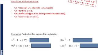 3ème  CALCUL LITTERAL  Factorisation par identités remarquables [upl. by Descombes996]