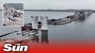 Drone footage shows collapsed strategic bridge near Ukraines Kherson [upl. by Aneeles]