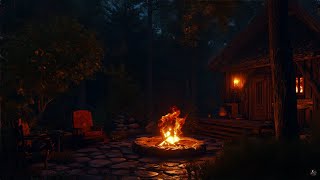 Rainy Day Escape Cozy Cabin Porch with Campfire in Woodland Retreat  Ambient Nature Sounds [upl. by Ihab105]