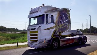 Truckstar Festival Assen 2018 with New Scania Longline V8 open pipes [upl. by Ssidnac]