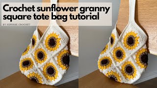 Crochet sunflower granny square tote bag tutorial I Kenikse Crochet [upl. by Adebayo156]