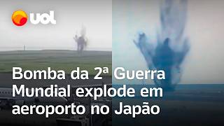 Bomba da Segunda Guerra Mundial explode deixa cratera na pista e atrasa voos em aeroporto no Japão [upl. by Inilahs]