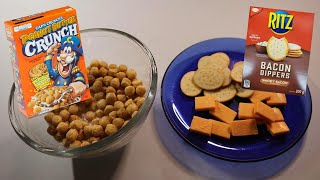 CAPN CRUNCHS PEANUT BUTTER CRUNCH amp RITZ BACON DIPPERS SMOKY BACON WITH CHEESE ASMR MUKBANG [upl. by Eerehs]