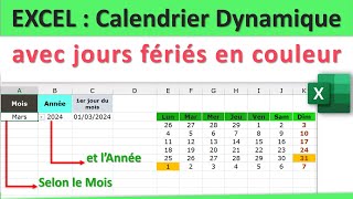 Calendrier dynamique sur Excel avec jours fériés en couleur 👍 [upl. by Jory701]