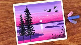 Oil Pastel Violet Sunset Scene Painting for beginners  Oil Pastel Drawing [upl. by Ocir]