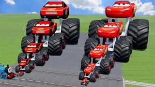 Big amp Small Cybertruck Monster Truck Lightning McQueen VS Lightning McQueen Monster Truck  BeamNG [upl. by Adlig480]