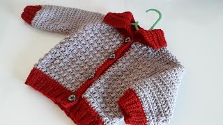 Crochet 30 How to crochet boys jacket  cardigan with a collar [upl. by Riehl295]