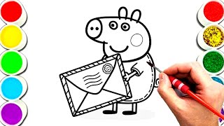 Peppa pig with envelope drawing and coloring for kids and toddlers Easy peppa pig drawing [upl. by Lorrayne963]