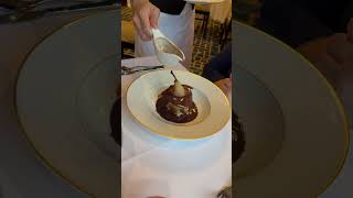 Fortified Wine Poached Pear with spices Vanilla Ice Cream and warm chocolate sauce ncl cruise [upl. by Adnalro]