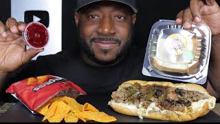 PHILLY CHEESESTEAK NACHO CHEESE DORITOS amp STRAWBERRY CHEESECAKE MUKBANG EATINGSHOW TCEATS [upl. by Odlavu789]