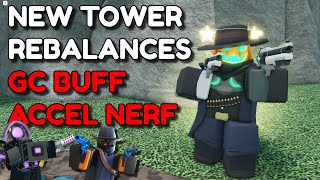 TDS NEW TOWER REBALANCES  ACCEL NERF GOLDEN COWBOY BUFF  ROBLOX TOWER DEFENSE SIMULATOR [upl. by Arihppas]