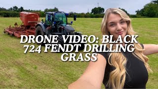 Drone Video Black 724 Fendt Drilling Grass [upl. by Bergstrom]