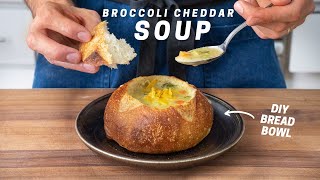 BROCCOLI CHEDDAR SOUP In A Homemade Bread Bowl [upl. by Siurad]