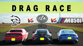 2023 BMW M850i vs Lexus LC500 Coupe vs Dodge Challenger SRT Hellcat V8 Battle Drag and Roll Race [upl. by Ehc]