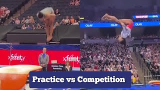 Simone Biles  HUGE Yurchenko Double Pike Vault Warmup vs Competition  Olympic Trials 2024 [upl. by Assadah]