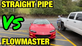 Chevy Camaro Z28 57L V8 FLOWMASTER OUTLAW Vs STRAIGHT PIPES [upl. by Sandy]