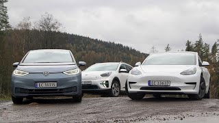 Mest for pengene Test av VW ID3 Kia eNiro og Tesla Model 3 [upl. by Ardnaet]