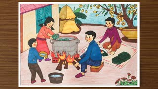 Vẽ tranh ngày tết  Vẽ tranh ngày tết và mùa xuân  Vẽ tranh gia đình nấu bánh chưng tết [upl. by Girard864]