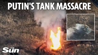 New battlefield footage shows entire column of 11 Russian tanks obliterated by Ukrainian drones [upl. by Nefets]