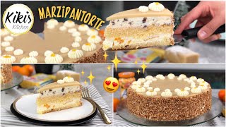 Leckere Marzipantorte  Lockerer Biskuit mit Sahnecreme Aprikose und Krokant  unglaublich lecker [upl. by Ainiger800]