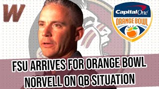 FSU Football  Mike Norvell Orange Bowl arrival  QB situation after Tate opts out Warchant TV FSU [upl. by Noside]