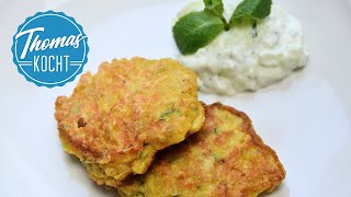 Zucchini Bratlinge mit GurkenJoghurtDip Raita [upl. by Aisinoid]