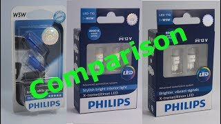 Philips W5W  WhiteVision 4300K vs XtremeUltinon 4000K LED vs XtremeUlition 6000K LED [upl. by Iztim]