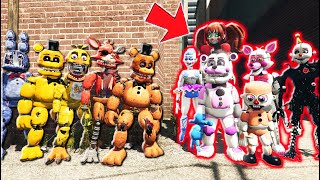 ALL WITHERED ANIMATRONICS VS ALL SISTER LOCATION ANIMATRONICS GTA 5 FNAF Mods [upl. by Darrej]