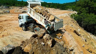 Perfect Action Land Filling On The Mountain With 10 Wheels Trucks amp Dozer D37E Pushing Stone [upl. by Sunshine818]