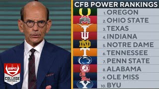 ESPN quotbreaks downquot CFB Power Rankings Week 12 1Oregon 2Ohio State 3Texas 4Indiana  8Alabama [upl. by Ahsuatal]