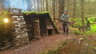 Building a secret shelter in the woods clay brick fireplace inside primal shelter [upl. by Aened]