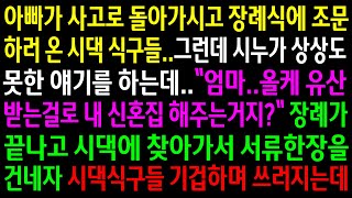 실화사연아빠가 사고로 돌아가시고 장례식에 조문하러 온 시댁 식구들그런데 시누가 상상도 못한 얘기를 하는데시댁에 찾아가서 서류를 건네자신청사연사이다썰사연라디오 [upl. by Namrehs]