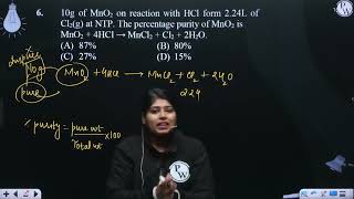 10g of MnO2 on reaction with HCl form 224L of Cl2g at NTP The percentage purity of MnO2 is M [upl. by Tshombe905]