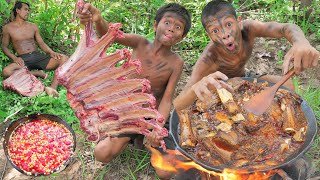 survival in the rainforest Cow rib Cooking Eating delicious ASMR [upl. by Devona]