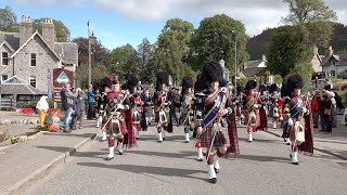 Massed Pipes and Drums march to the 2019 Braemar Gathering in Royal Deeside Aberdeenshire Scotland [upl. by Arlinda931]