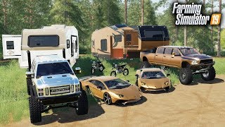 FS19 MILLIONAIRES GO LUXURY CAMPING WITH A LAMBORGHINI amp 90000 RAM MEGA CAB FORD SUPER SIX [upl. by Mcmaster]