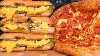 ASMR PHILLY CHEESESTEAK DOUBLE CHEESE DOUBLE PEPPERONI PIZZA MUKBANG [upl. by Constanta]