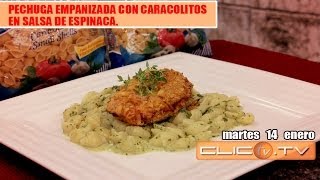 PECHUGA EMPANIZADA CON CARACOLITOS EN SALSA DE ESPINACA [upl. by Balliett]